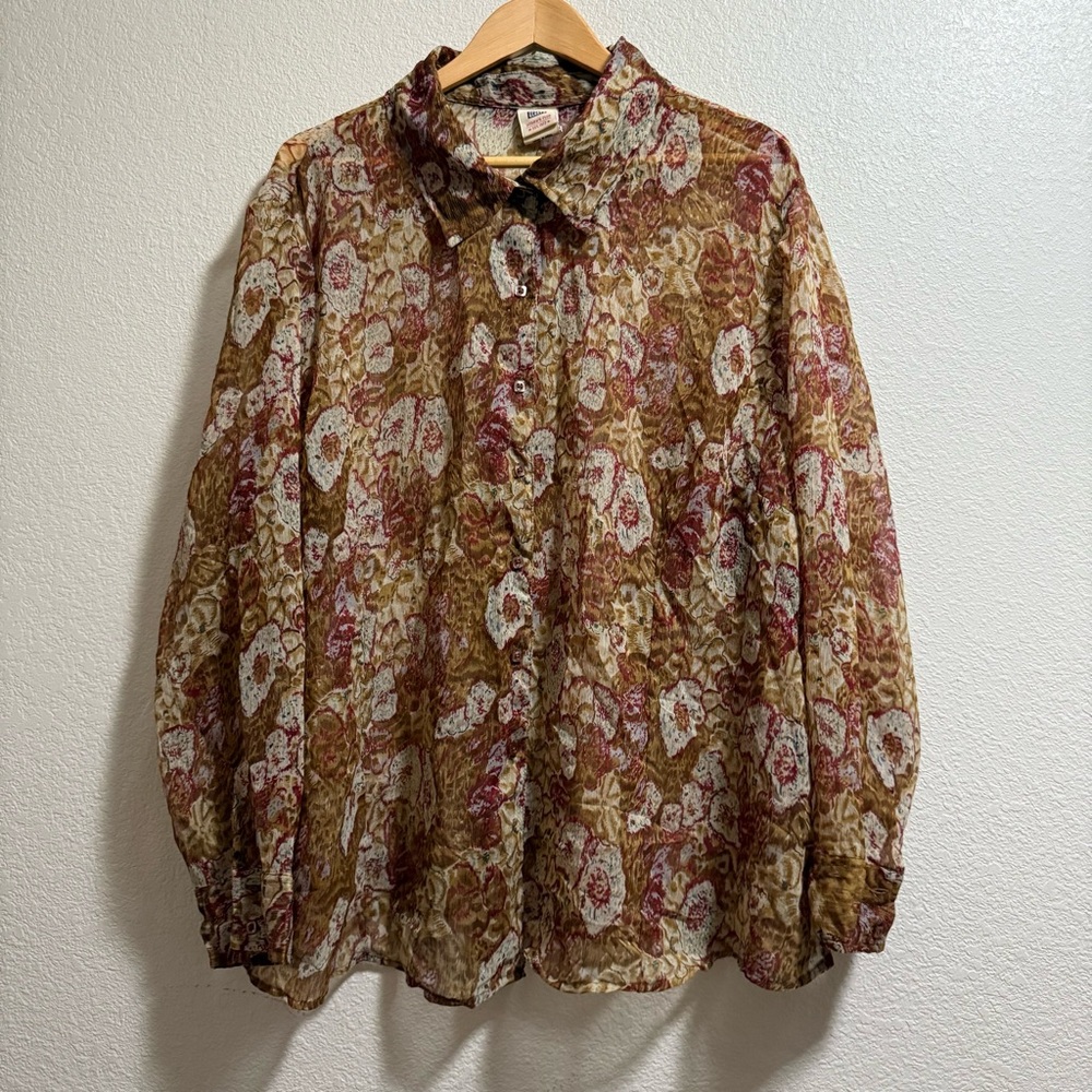 Faded Glory Womens Plus - Floral Sheer Button Down Shirt - Brown & Red - 26W/28W